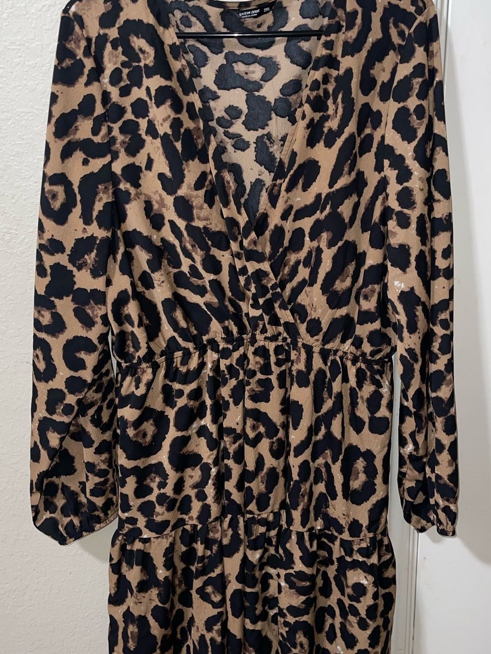 SHEIN Brown & Black Leopard Print Long Sleeve Wrap Dress